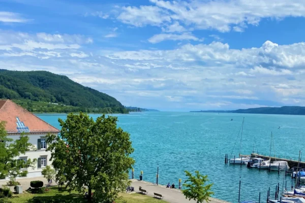 Panoramablick auf den Hafen von Bodman mit tuerkisblauem Ueberlinger See und Segelbooten