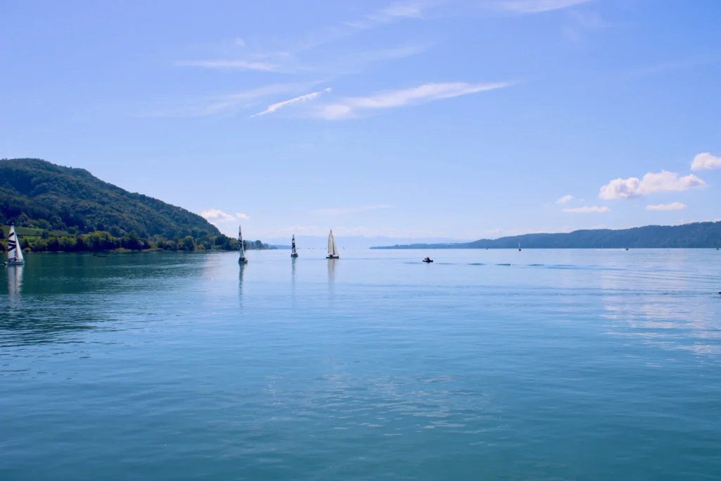 Segelboote auf dem Bodensee Segelboote auf dem ruhigen Bodensee bei Bodman-Ludwigshafen mit bewaldeten Huegeln